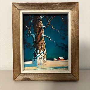 Framed Winter Landscape Painting Snow Tree Red Barn Art Print Rustic  D. Earle
